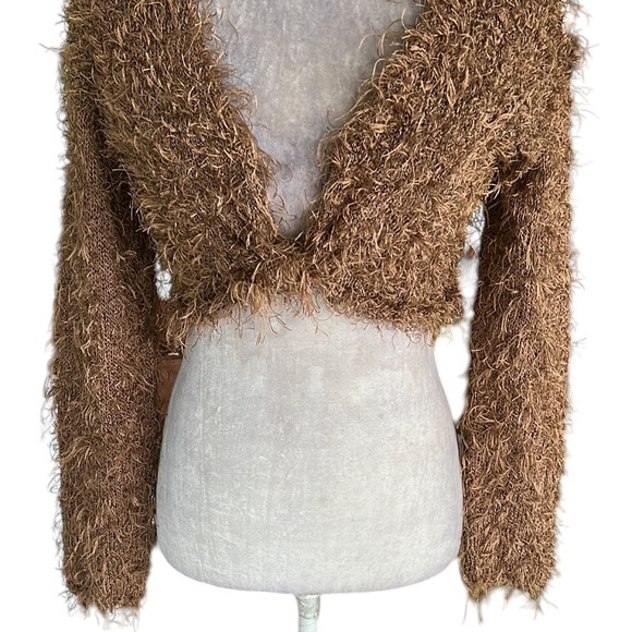 RARE Lianne Barnes Vintage Tan Fuzzy Feathery Tie Front Crop Cardigan Bolero XS - Picture 3 of 12